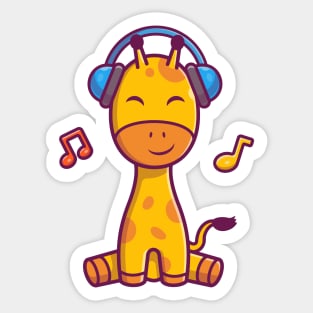 Cute Giraffe Listening Music With Headphone Cartoon Sticker